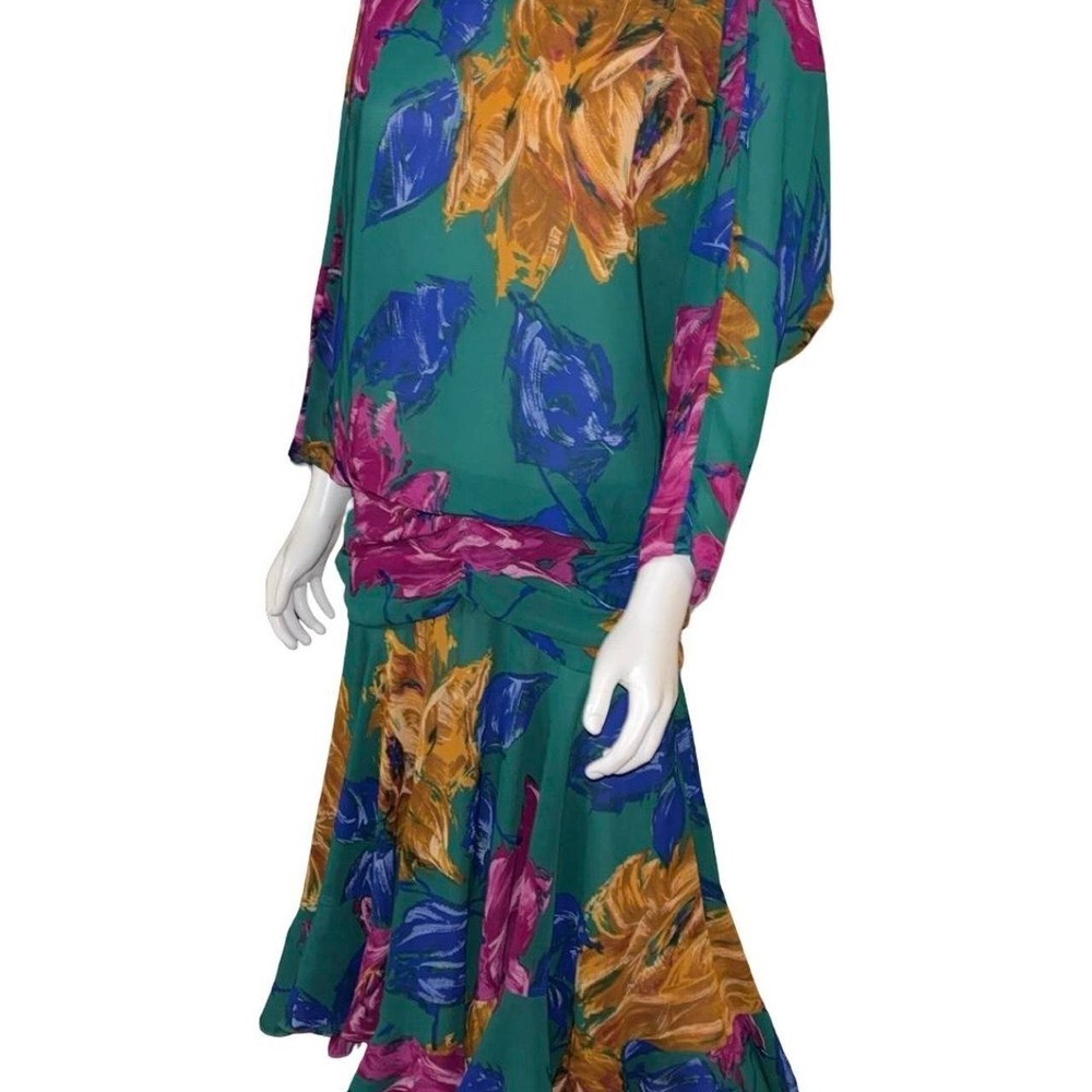 Vintage Kono New York Green/Teal Floral Ruched Dress P2P 22", Length 46" - Picture 1 of 5